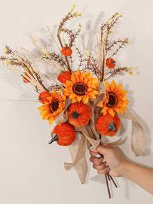 1/3pcs Artificial Branches With Pumpkins And Sunflowers, Orange, 1 Large Pumpkin, 3 Small Pumpkins, 1 Flower Head, PE Material, Artificial Flowers, Artificial Plants , Large Decorations, Centrepieces, Plastic Flowers, Room, Table, Garden Decorations Harvest Decorations, Halloween Home Decor Halloween Decor Room Decor - Multicolor - View 4