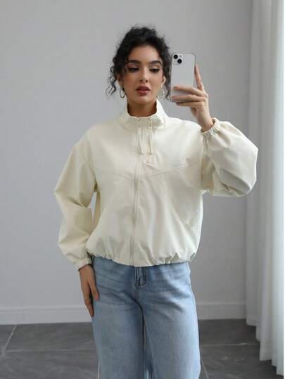 女士米色长袖立领飞行员夹克，常规长度，无弹力梭织面料，适合春秋季休闲穿着，白色