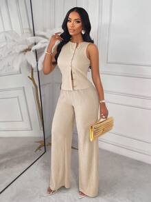 AIJ Amarilo 条纹无袖上衣和直筒裤两件套西装，优雅商务休闲风，最新春夏女士时尚套装 - 杏色 - 查看 3