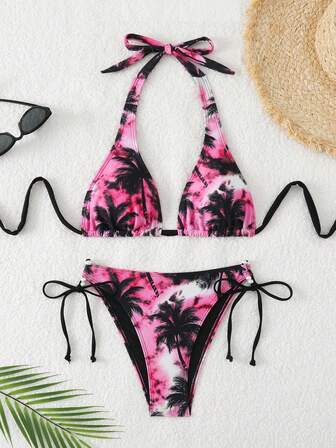 女士棕榈树印花系带比基尼泳装，性感沙滩度假泳装