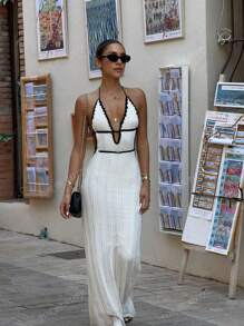 PENTRU FRUMUSEȚE Primăvara și Vara Nou Sexy Backless Atârnat Guler Tricotat Pulover Rochie de Soare Pentru Femei Stil de Vacanță Festival de Muzică La Modă și Elegant Boho Rochie Lungă Albă