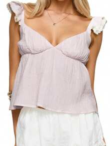 Tank Tops For Women Summer Fashionable Solid Color Backless Flying Sleeve Deep V Neck Loose Shirt - 胭脂色 - 查看 2