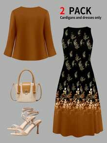 Bộ đồ 2 món dành cho nữ cỡ lớn: Áo khoác cardigan dài tay thắt nơ phía trước kết hợp với váy không tay cổ tròn in họa tiết, kiểu dáng thanh lịch mùa thu/đông, thích hợp cho mùa xuân. - Màu Khaki - Xem 4