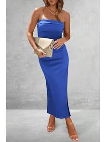 Women's Summer Bodycon Maxi Tube Dress Ribbed Strapless Side Slit Long Going Out Casual Elegant Party DressesHalloween Christmas New Year - 藍色 - 查看 4