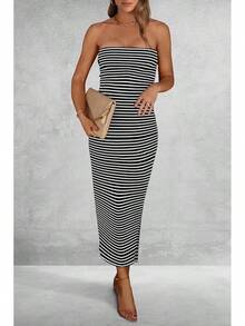 Women's Summer Bodycon Maxi Tube Dress Ribbed Strapless Side Slit Long Going Out Casual Elegant Party DressesHalloween Christmas New Year - 條紋黑白 - 查看 3