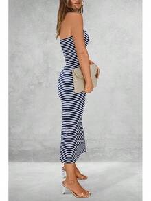 Women's Summer Bodycon Maxi Tube Dress Ribbed Strapless Side Slit Long Going Out Casual Elegant Party DressesHalloween Christmas New Year - 條紋海軍白 - 查看 2