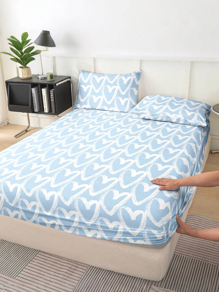 1pc Heart Pattern Bedsheet, Soft & Comfortable Bedroom Mattress Protector Cover, Includes Fitted Sheet Only, Machine Washable