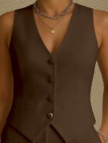 Women's Basic Tailored Vest Animal Argyle Bamboo Bat Beach Butterfly Knot Car Cartoon V-Neck Print Christmas Color Block Casual Woven Fake Pockets Vest Evening Holiday Daily Birthday Party Formal & Evening Travel Brunch Tea Party Stage & Concert All - 鏽棕色 - 查看 1