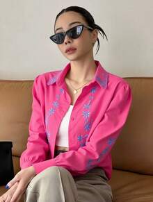 Camisa lisa con bordado floral casual para mujer de moda - Rosa - Ver 1