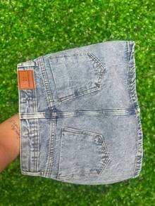 High-Waisted Marbled Denim Skirt With Hem And Rhinestone Appliqué | 100% Cotton - No Elastane - Màu Xám nhạt - Xem 2