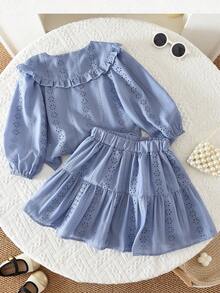 2pcs Girls Hollow Out Embroidery Collar Shirt And Skirt Set, Casual & Fashionable, Autumn/Winter/Spring - Blue - View 2