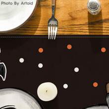 1pc Halloween Table Runner/2pcs Placemats, Polka Dot Ghost Pumpkin Black Cat Design, Reusable Faux Linen Table Runner, Halloween Kitchen Dining Table Decor, Suitable For Home Dining Room, Kitchen, Party Table Decoration