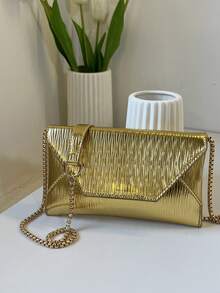 1pc Quilted Flap Closure PU Solid Color Envelope Bag, Fashionable Bright Color Party Clutch, Laser Bright Color Chain Shoulder Bag, Glossy Evening Party Small Square Bag, Suitable For Women To Use For Dates, Parties, And Galas - Gold - View 7