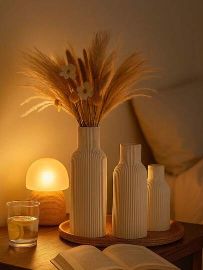 Minimalist Ribbed Wit Vases, 1/ ative Faux Ceramic Look Fall Home Moderne Dried Flower Display, Great Living Room, Entryway, Dining Tafel Room Vase Glass view 5
