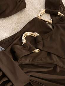 Summer Sexy Solid Color Buckle Backless Bikini Swimsuit Set, For Beach And Holiday Vacation - Coffee Brown - View 5