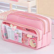 [ Cosmetic Bag] Large Light Blue Multi-Compartment Pencil Case | Twill Fabric With Clear Window, Portable Cosmetic Bag For Stationery, Makeup, And Accessories, Makeup Organizer,Back To School - Multicolor - View 11