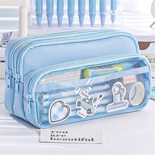 [ Cosmetic Bag] Large Light Blue Multi-Compartment Pencil Case | Twill Fabric With Clear Window, Portable Cosmetic Bag For Stationery, Makeup, And Accessories, Makeup Organizer,Back To School - Multicolor - View 9