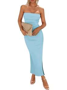 Women's Summer Bodycon Maxi Tube Dress Ribbed Strapless Side Slit Long Going Out Casual Elegant Party DressesHalloween Christmas New Year - Aqua Blue - 查看 1