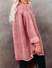 Vetinee Women's Oversized Button Up Frayed Hem Shacket Long Sleeve Pockets Denim Jean Jacket - 燒赭石 - 查看 2