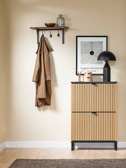 SoBuy Narrow Shoe Cabinet, Space-Saving Shoe Rack With Flaps For Hallway & Dresser, Modern Design, For 8-12 Pairs Of Shoes, Up To 30 Kg, Black/Light Wood, FSR202-N