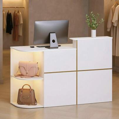 Advwin Modern Reception Desk With Lockable Drawer & Storage Shelves, Front Desk Counter Table For Office, Lobby, Spa, Nail Salon, White