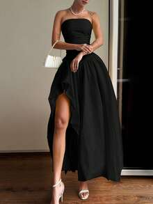 女士优雅性感无肩带长裙，不对称高开衩设计，后背系带可调节，是派对、鸡尾酒会、圣诞节、婚礼和约会之夜的理想之选，也是情人节、春季黑色派对等特殊场合的完美选择。 - 黑色 - 查看 2