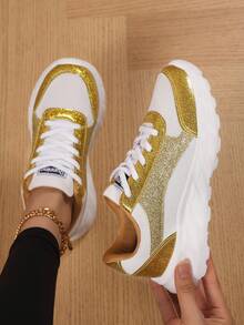Women's Shiny Mesh Breathable Casual Sneakers, Lightweight Running Shoes - Gold - View 1