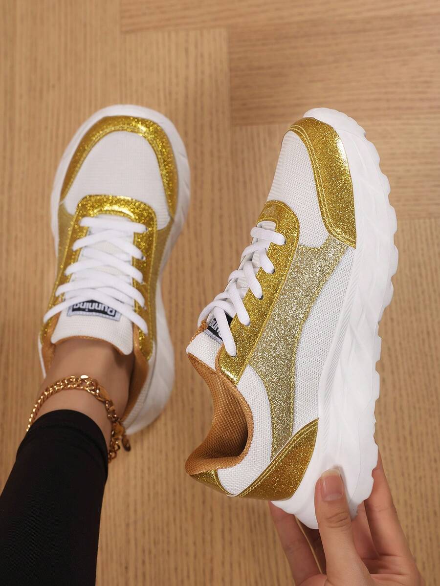 Women's Shiny Mesh Breathable Casual Sneakers, Lightweight Running Shoes - Gold - View 1