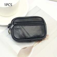 1PCS[Leather Wallet] Black Leather Square Wallet | Coin Purse For Men With Card Holder, Cash Compartment And Zippered Small Pouch