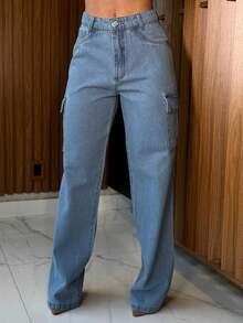 Women's Cargo Jeans, Street Fashion, Premium Fabric, 100% Cotton - 淺色水洗藍 - 查看 3