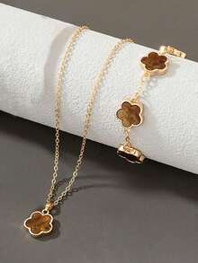 2pcs/Set Women's Same Color Lucky Flower Decoration Accessory Combination 1 Pair Of Earrings 1 Necklace 1 Bracelet 1 Bracelet 1 Ring Set Suitable For Daily Use