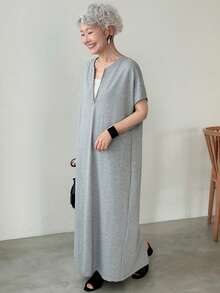 FRIFUL Abito lungo estivo casual da donna con cerniera metallica, colore unito, manica corta, ampio, abito da laurea per signore - Grigio Chiaro - Visualizzare 5