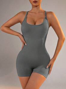 性感健身连体裤，女士可调节交叉绑带运动连体裤，跑步瑜伽连体裤，褶皱短裤，露背套装，连体裤 - 深灰色 - 查看 8