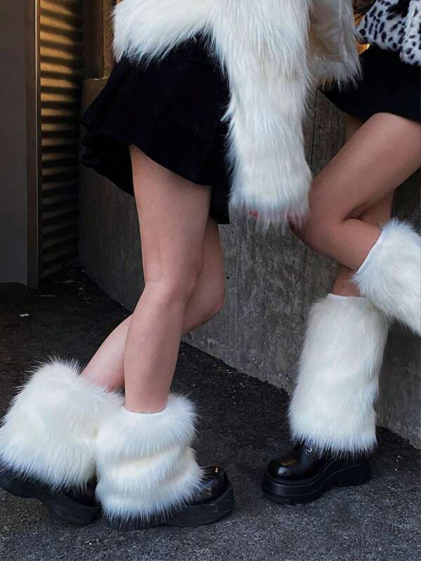 1 Pair Faux Rabbit Fur Leg Warmers, Thick Thermal-Lined JK Push-Up Socks, Fall / Winter