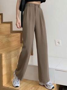 La versión coreana de pantalones de traje para mujeres en verano es alta, cintura suelta, tubo recto, delgado y pantalones de trapeador de gran tamaño. - Caqui - Ver 2