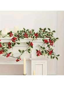 Guirnalda de bayas rojas sin necesidad de electricidad - Hojas de acebo artificial clásicas con bayas, decoración de mesa y pared, decoración navideña festiva sin plumas