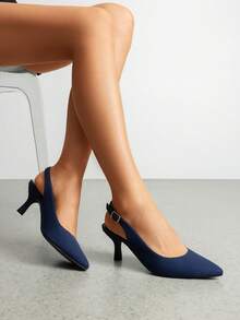 Women's Kitten Heel Point Toe Buckle Decor Slingback Stiletto Low Heels Dress Bridal Elegant  Solid Color Wedding Pumps Shoes - 霧霾藍 - 查看 1