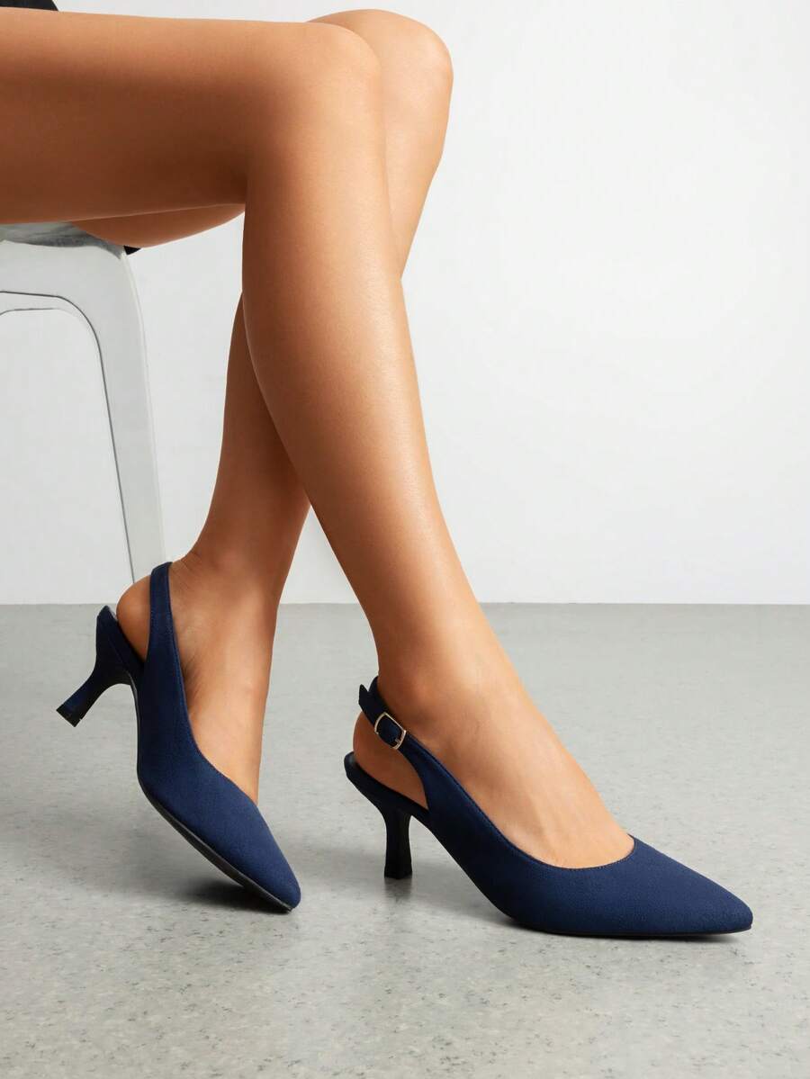Women's Kitten Heel Point Toe Buckle Decor Slingback Stiletto Low Heels Dress Bridal Elegant  Solid Color Wedding Pumps Shoes - 霧霾藍 - 查看 1