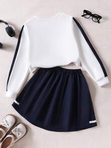 Set de 2 piezas: Sudadera de manga larga y falda plisada mini estilo colegial dulce para niñas, otoño - Azul Marino - Ver 2