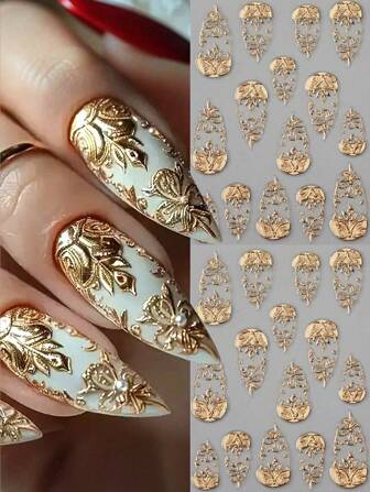 2 件金色箔美甲贴纸套装 3D/5D 美甲贴纸 - 自粘金属贴花，带心形花朵等，适合 DIY 美甲