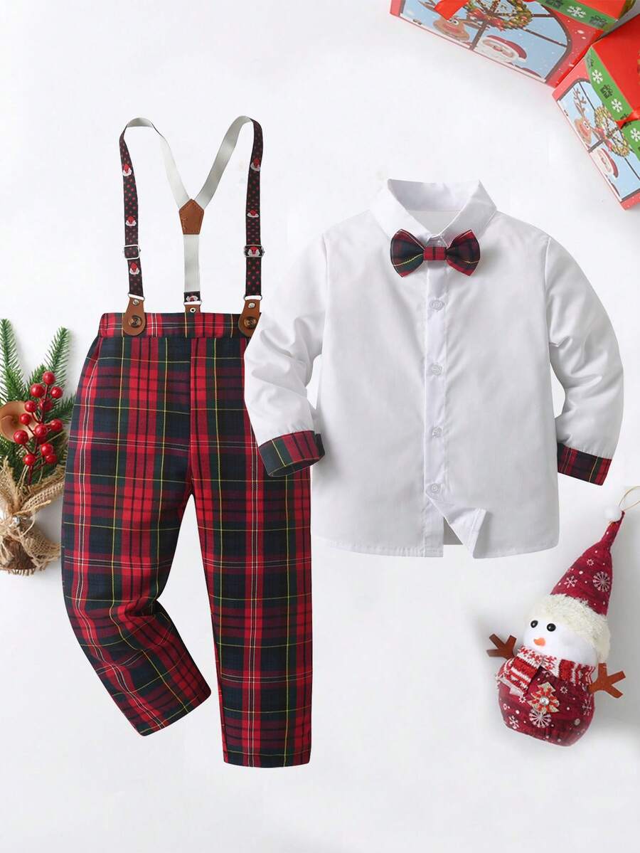 2 buc ținute pentru băieți tineri: cămașă cu mânecă lungă cu fundă și pantaloni cu bretele în carouri, la modă și costum pentru nunți în aer liber, petreceri de ziua de naștere, evenimente - roșu - Vizualizare 1