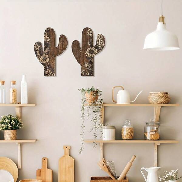 2D Flat, 1 Pair Vintage Wooden Cactus Wall Decor - With Floral Pattern, Suitable For Living Room, Homestay Wall Decoration, Countryside Style Decor Enthusiasts And Home Aesthetics Crowd
