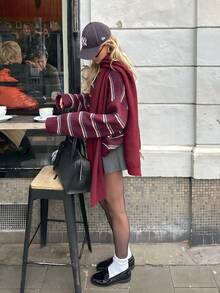 Suéter feminino casual para deslocamento, listrado, gola polo, solto, outono/inverno - Borgonha - Ver 3