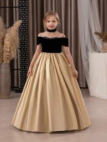Abito elegante da ragazza pre-adolescente con patchwork dorato, spalle scoperte, fatto a mano con perline, adatto per feste di compleanno, balli, lauree, damigella d'onore, matrimoni - Nero e oro - Visualizzare 8