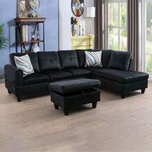 Plush Black Flannel 3-Piece Sofa Set With Storage Ottoman | [2 Options]2 Purchase Options: Complete Set With 2 Pillows Or Ottoman Only, Premium Sectional Couch With Solid Wood Frame, Easy Assembly - 黑色 - 查看 2