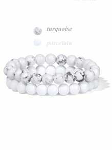 2 件天然石串珠配对手链 8 毫米情侣距离能量手链玛瑙绿松石宝石弹力手镯首饰套装男女礼物 - 彩色 - 查看 7