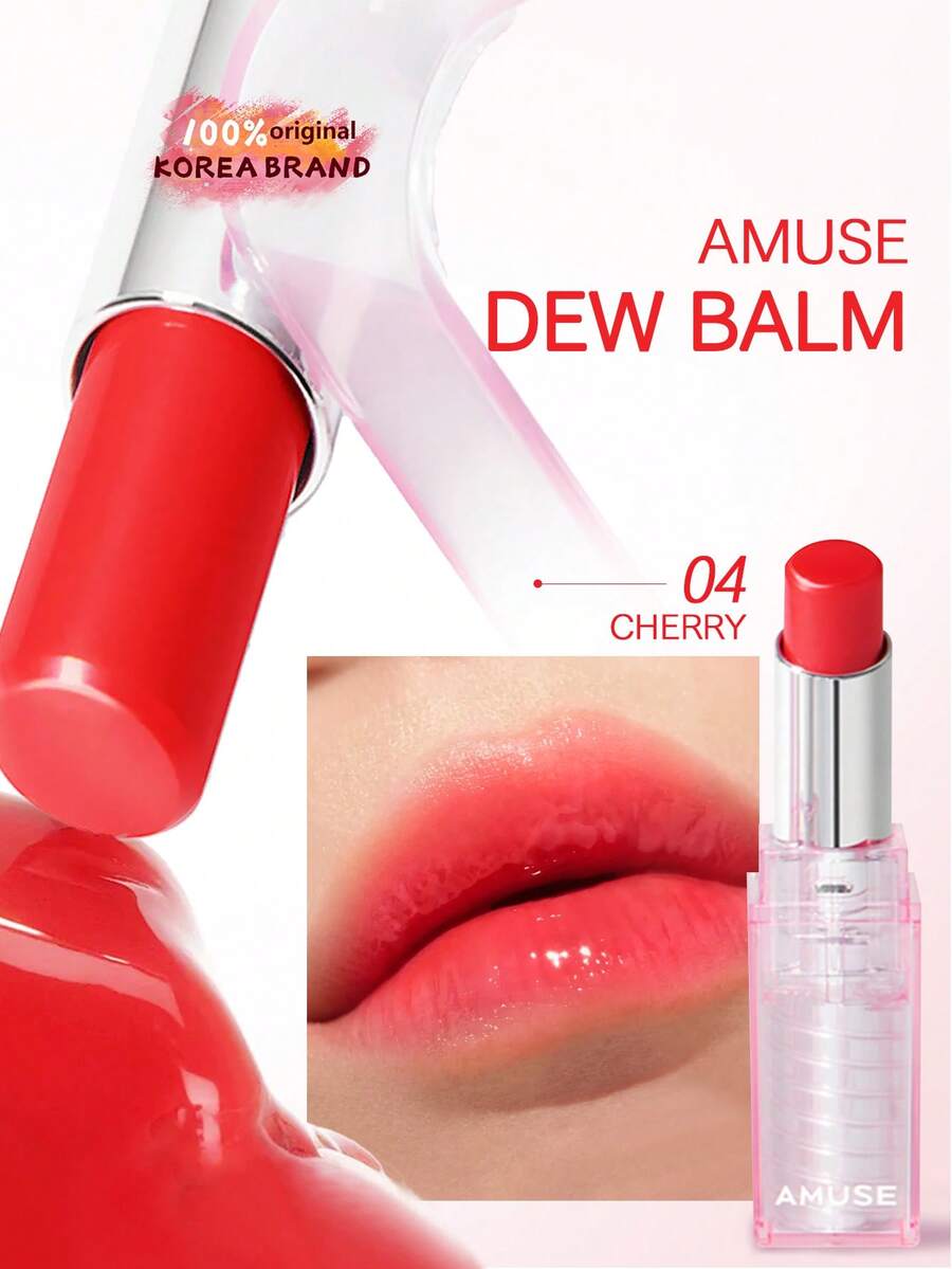 AMUSE 蜜桃露唇膏，04号樱桃味，滋润轻盈，妆效自然，光泽感强，温和亲肤，适合日常使用。BOKSOONGA BALM，柚子露、樱桃、露珠玫瑰，韩国化妆品，韩国彩妆，礼盒装，3.2克/0.11盎司 - 04 CHERRY - 查看 1