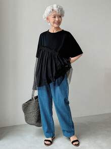 FRIFUL Women's Summer Solid Color Round Neck Mesh Contrast Short Sleeve Casual Casual T-Shirt - Black - View 2