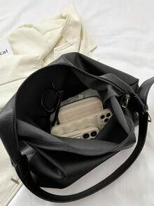 New Versatile Solid Color PU Shoulder Bag, Casual Minimalist Baguette Bag, Large - Black - View 4