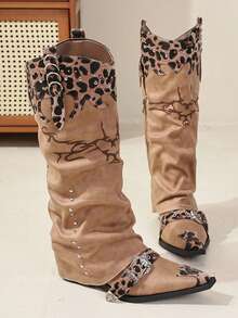 Western Cowboy Boots With Leopard Print Patchwork, Casual Vintage Outdoor Fabric Strap Riding Boots - Brown - View 3